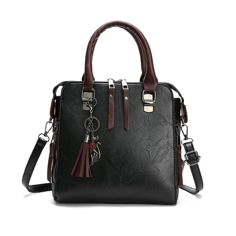 Vintage PU Leer Vrouwen Messenger Bont Bal Crossbody Tas Vrouwen Lederen Portemonnee Kwastje Hanger Schouder Handtas: Black