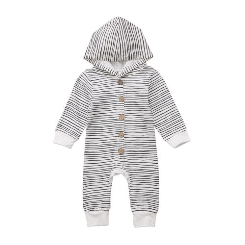 Long sleeve Buttons Decor Stripe Hooded Romper Jumpsuit For Baby Boy