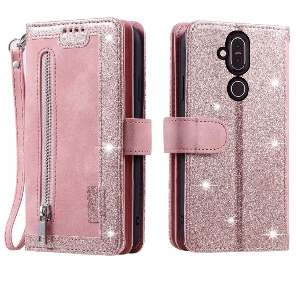 9 Cards Wallet Case For NOKIA 7.1 PLUS Case Card Slot Zipper Flip Folio with Wrist Strap Carnival For NOKIA X7 8.1 Cover: For NOKIA 7.1 PLUS / pink