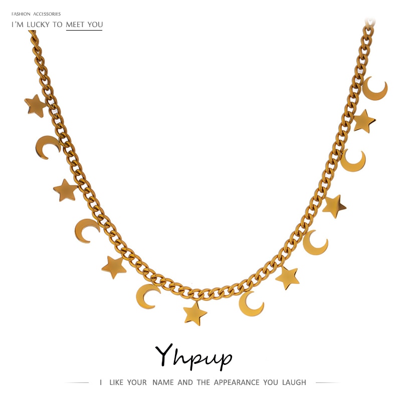 Yhpup Trendy Star Moon Chain Choker Ketting Voor Vrouwen Rvs Ketting Goud Kleur Metalen Sieraden Accessoires
