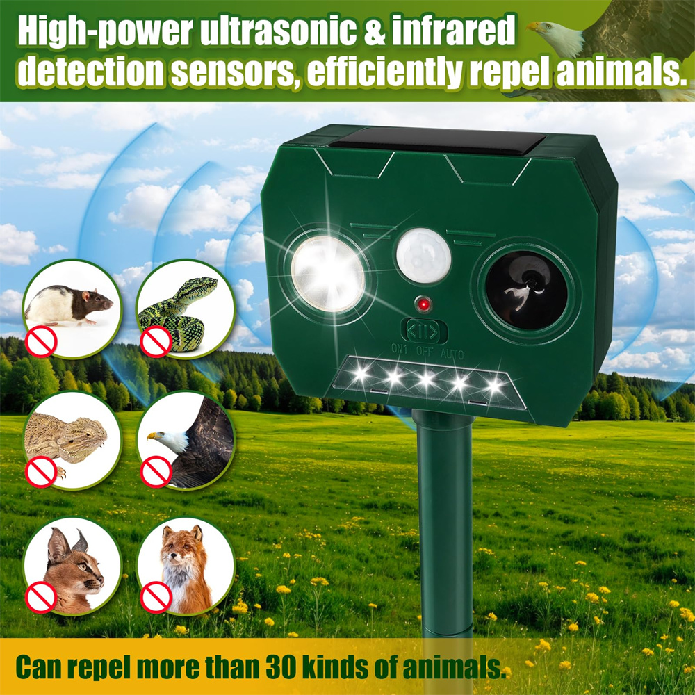 LED Light Alarm Ultrasonic Cat Dog Repellant Outdoor Solar Power Rechargeable Garden Repellers Cat Deterants for Animals