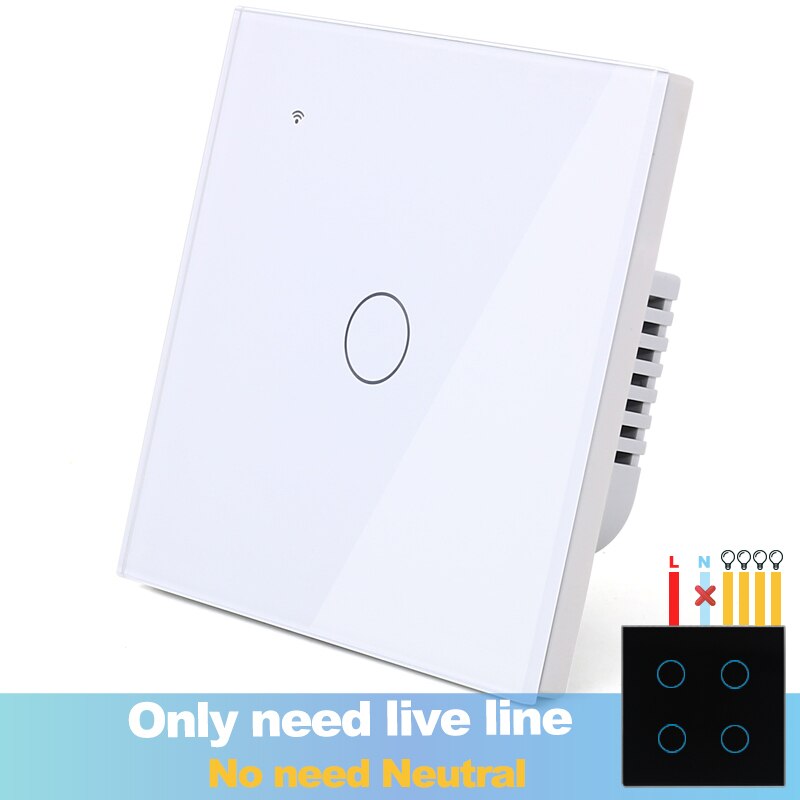(No need neutral) WIFI Touch Light Wall Switch Black Glass Blue LED Smart Home Phone Control 1 Gang 2 Way Alexa Google Home: 1GangWhite