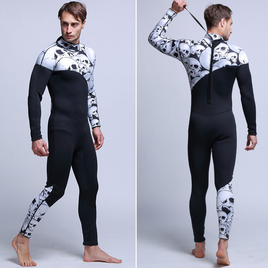 Traje de neopreno negro y calavera para hombre, traje de baño completo de 3mm, traje de surf, trajes de buceo para esnórquel, Mono