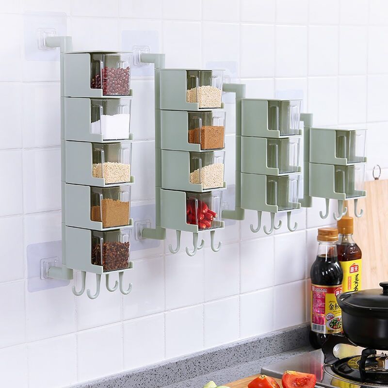 Kitchen Organizer Storage Box Seasoning Jar Bottle Wall Hanging Spice Rack Rotatable Sugar Salt Condiment Container Kitchen Tool