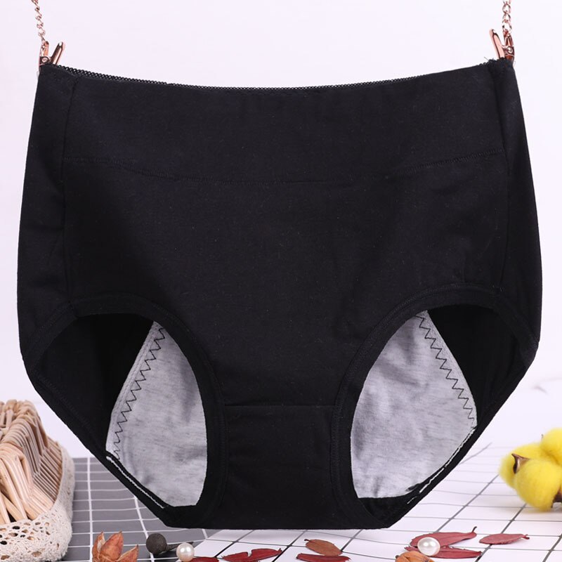 6XL 115kg grande taille grosse femmes sous-vêtements physiologiques menstruel étanche pur coton taille haute hygiénique Lingerie culotte: XL / Black