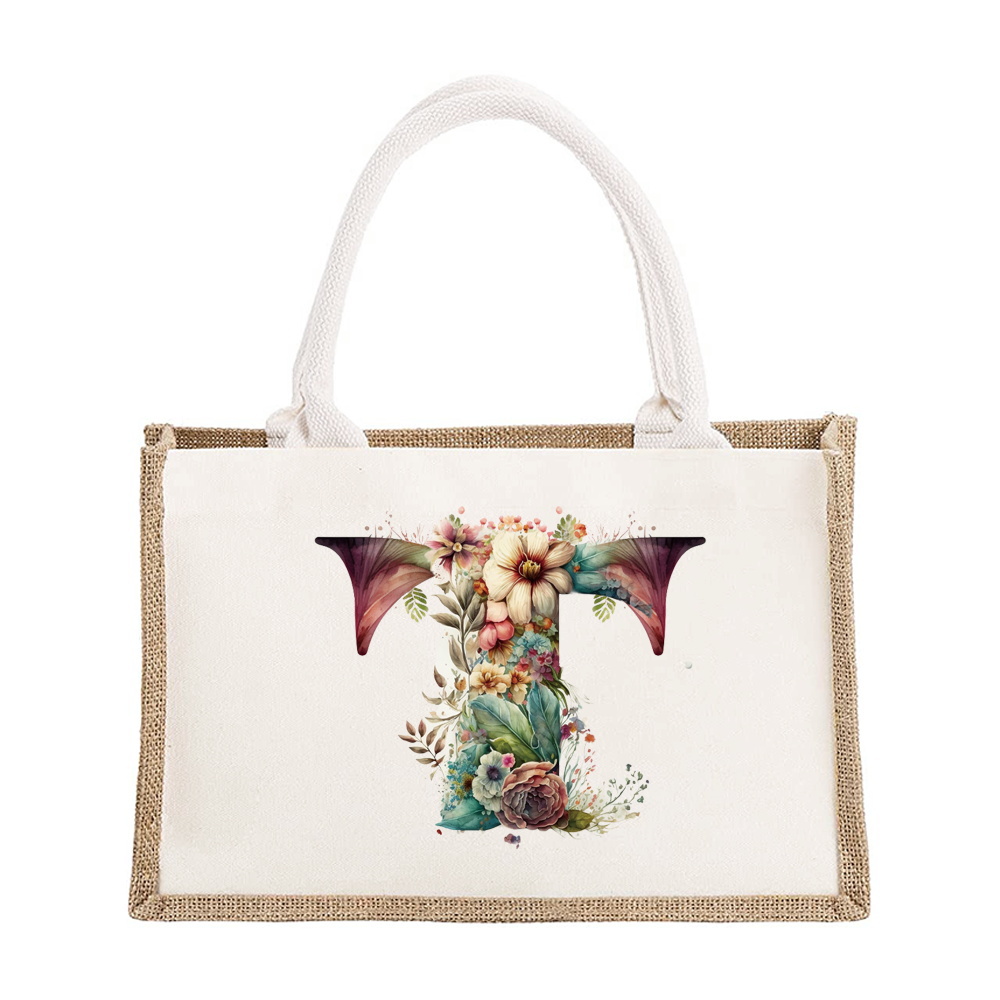 Sac à bandoulière en lin de grande capacité, sac de Shopping pour femmes, motif imprimé de lettres florales, sac d'imitation de Jute