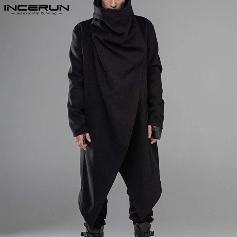 Incerun Mode Mannen Mantel Jassen Coltrui Streetwear Solid Lange Mouwen Mannen Ponchos Bovenkleding Punk Stijl Onregelmatige Jassen S-5XL