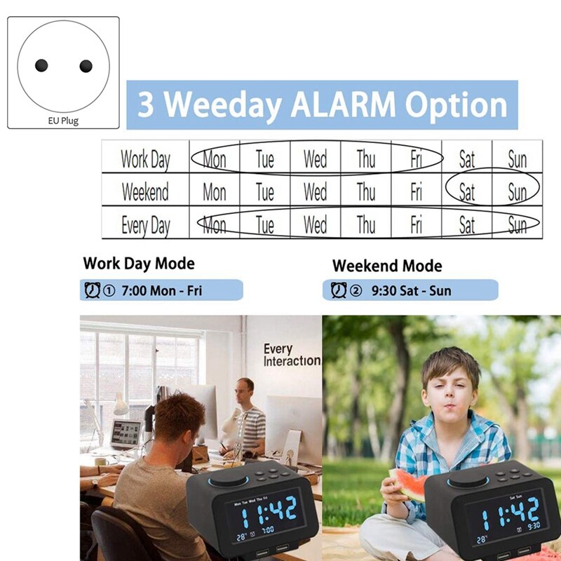 Smart Mute Multifunctional Black Electronic Alarm Clock LED Bedside Bedroom Radio Alarm Clock-EU Plug