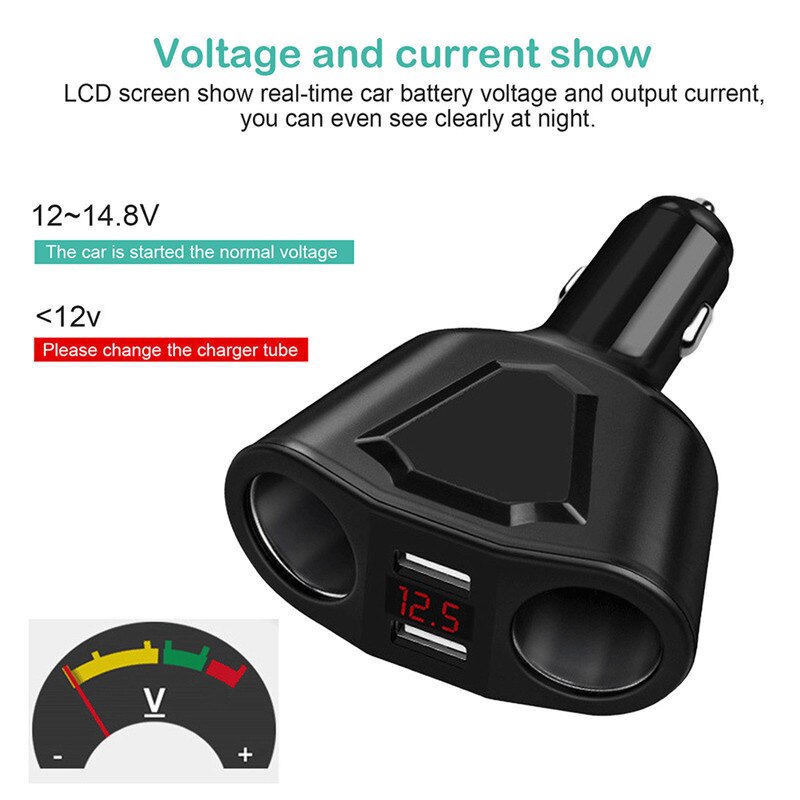 DC 12V Auto LCD Sigarettenaansteker Splitter Dual USB Charger Power Adapter