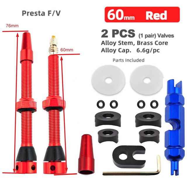 40/60Mm Fiets Tubeless Band F/V Klep Vacuüm Air Valve Aluminium Mtb Road Fiets Tubeless valve Tool Set Fietsen Onderdelen: 60mm Red B