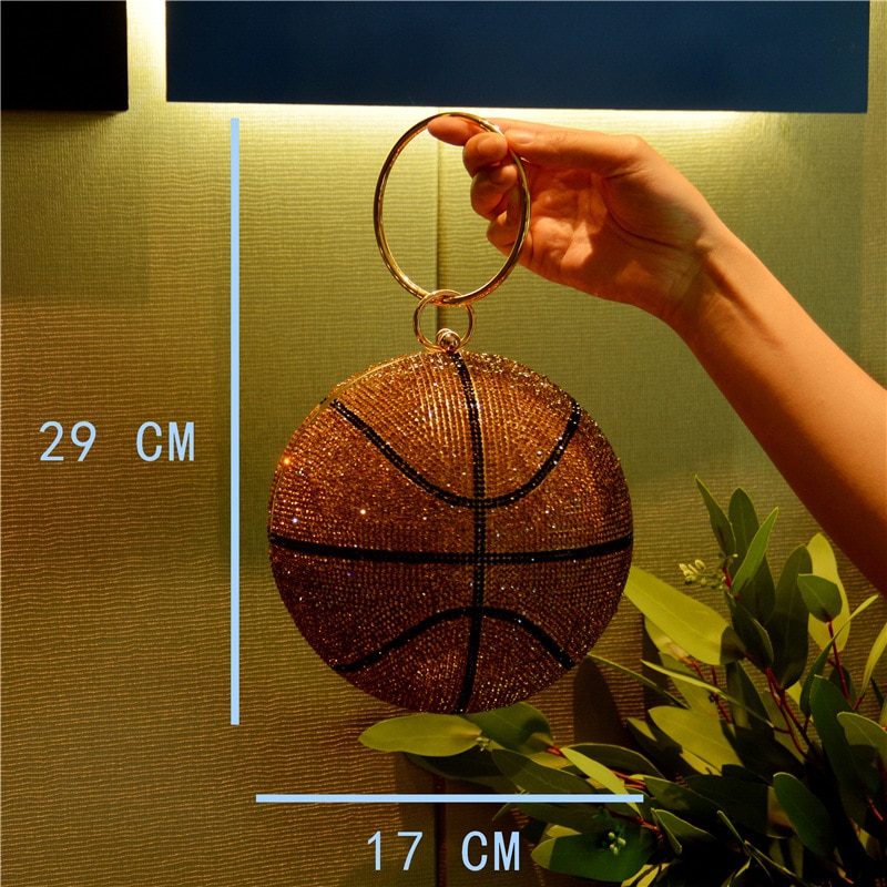 3D Basketball Round Ball Gold Clutch Purses for Women Evening Rhinestone Handbags Ladies Party Dinner Bag