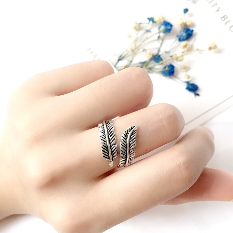 Bohemian Etnische 925 Sterling Zilveren Veer Ringen Voor Vrouwen Bridal Wedding Vintage Open Vinger Ringen Kerstcadeaus