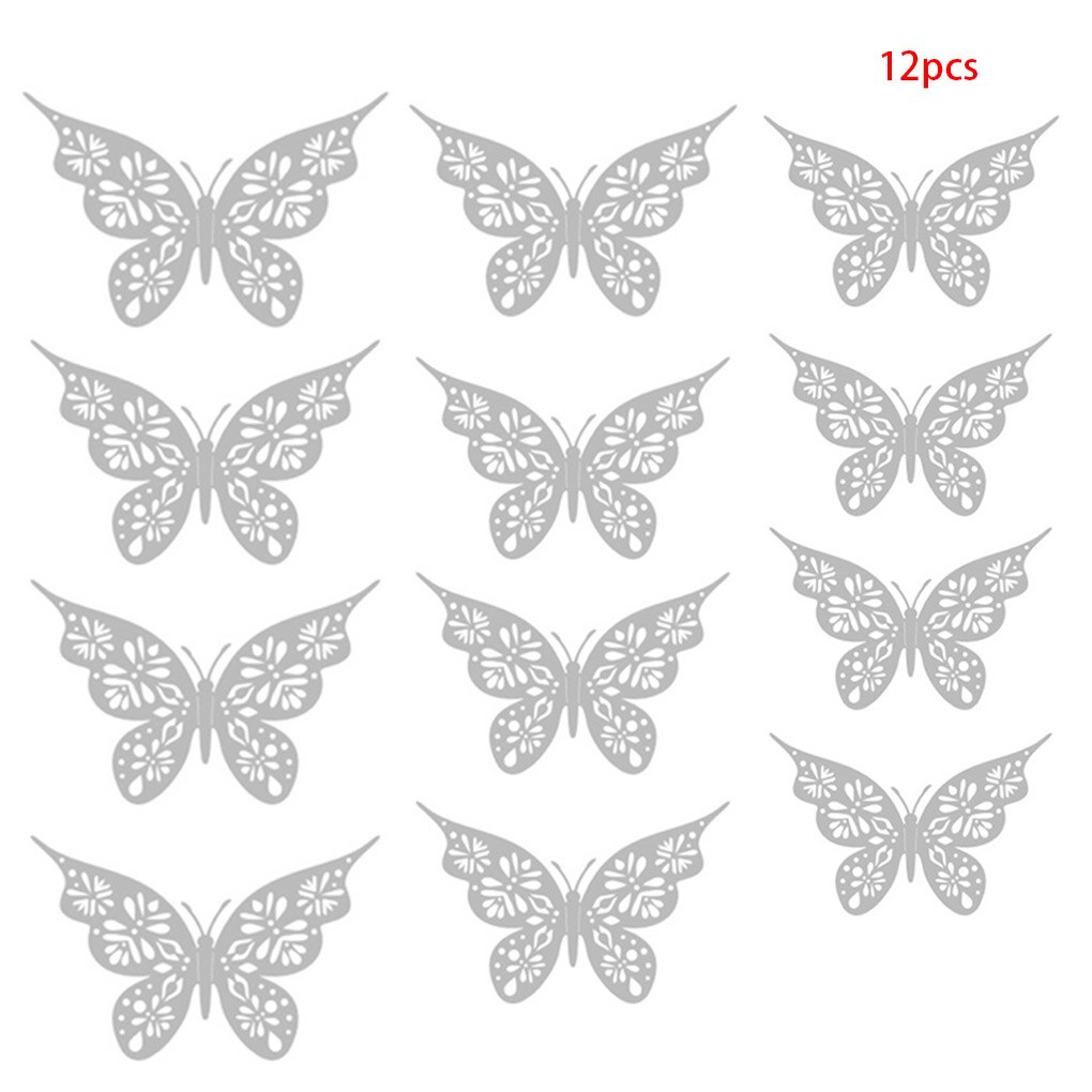 Autocollant Mural papillon 3D en papier ajouré doré, 12 pièces/ensemble, pour fête de , fenêtre de Shopping, décoration de maison, pour chambre d'enfants: Argent
