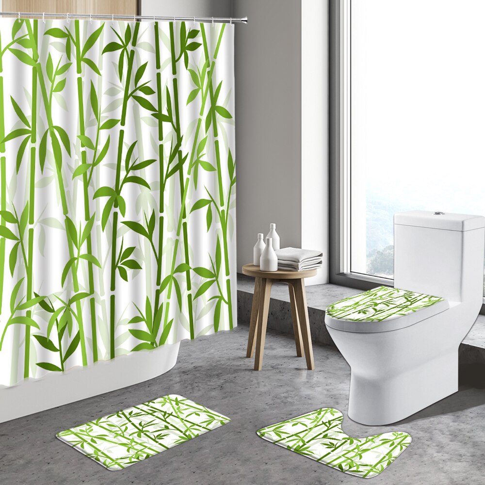 4pcs Zen Stone Shower Curtain Green Bamboo Orchid Flower Plants Anti-Slip Bath Mats Toilet Lid Cover Bathroom Decor Carpet Rugs: 7521J -4pcs set