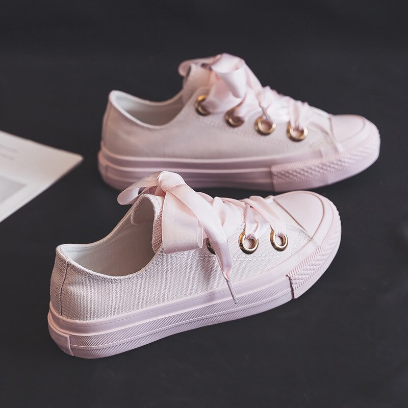 Canvas kvinnor skor vilda skosnören grunt enfärgad söt trend lägenheter casual låga skor dam vulkanisera skor: Rosa / 37