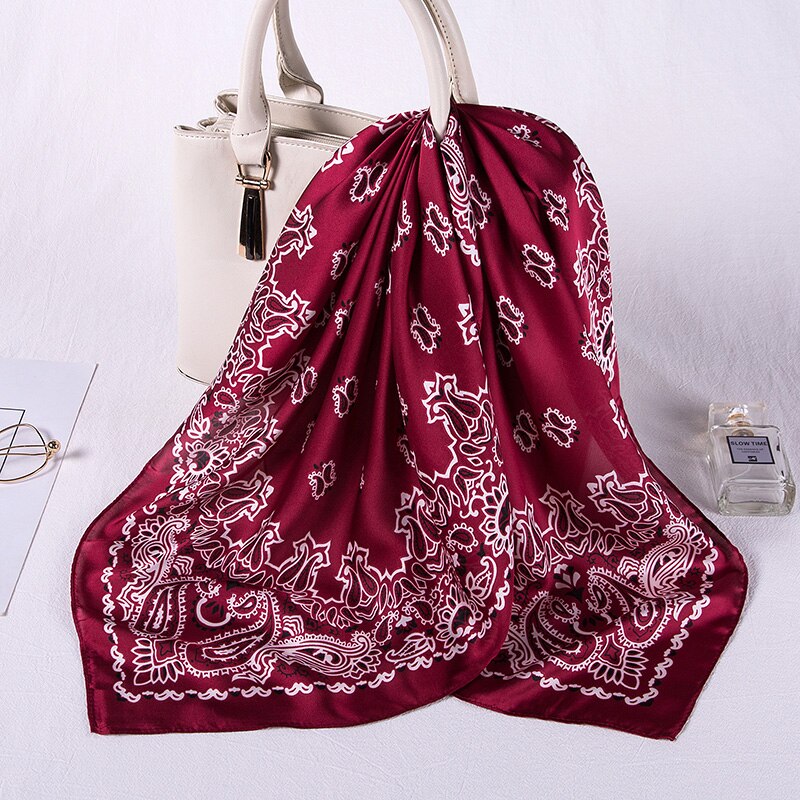Women Imitation Silk Kerchief Scarves Print Square Neckerchief Office Lady Scarf Muffler Shawl Bag Clothes Accessories: Wine red