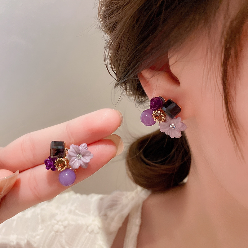 Taro-Boucles d'oreilles à tige fleur violette pour femmes, boule ronde en cristal, mini boucles d'oreilles mignonnes pour filles, bijoux d'oreille à la