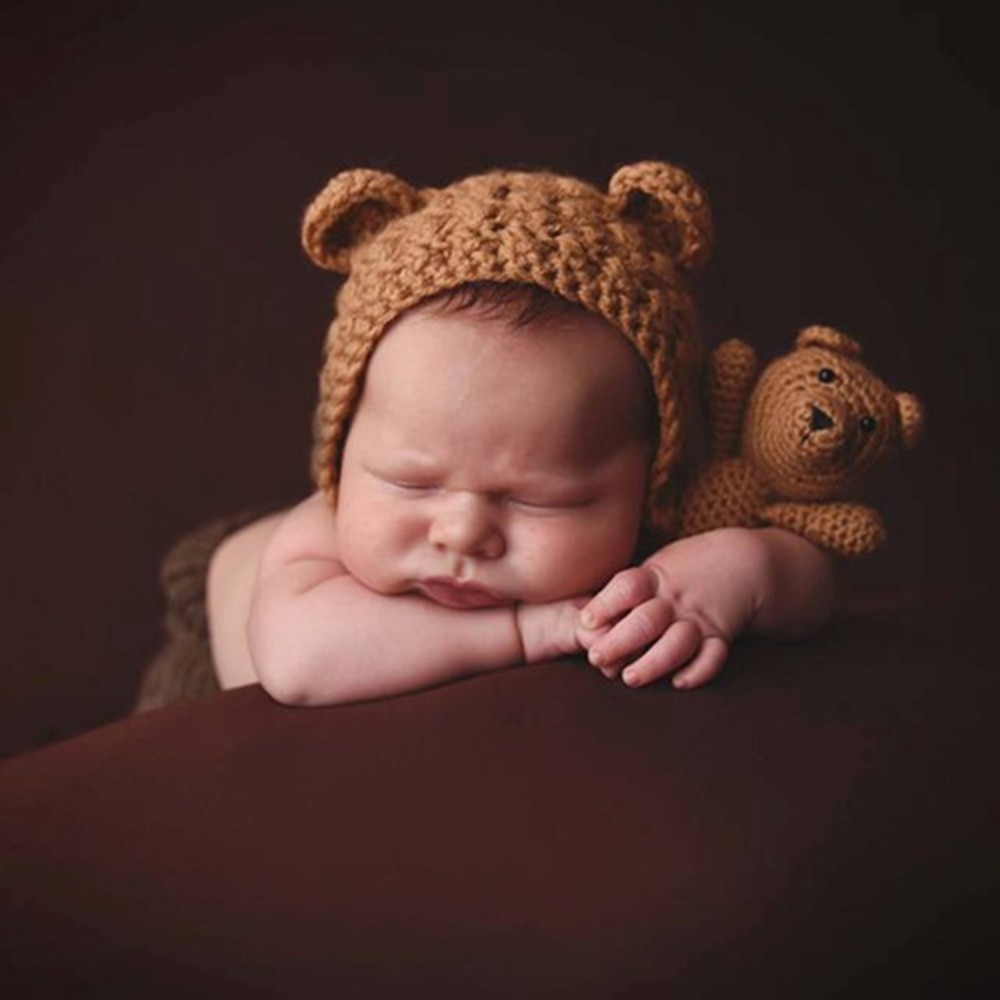 Baby Photography Props Cute Bear + Hat Photograph Set Crochet Bear Hat Cap Costume Photo Props Knit Caps