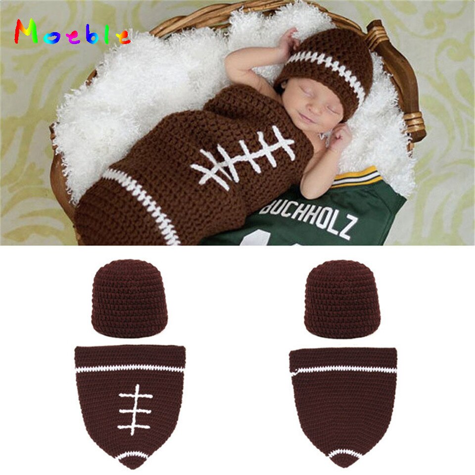 Moeble Newborn Baby Boy Coffee Color Crochet Knit Clothes Football Photography Props Bebe Photography Props Crochet Clothing Set