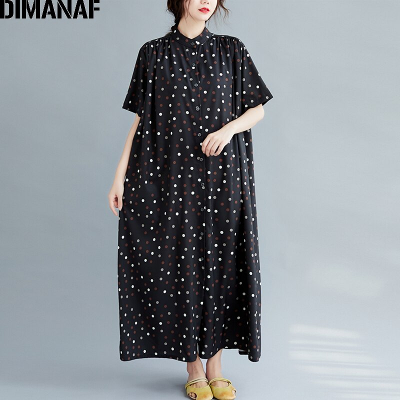 DIMANAF-vestido en tallas grandes para mujer, ropa de verano, holgado, informal, estampado de lunares, cárdigan con botones, talla grande 5XL