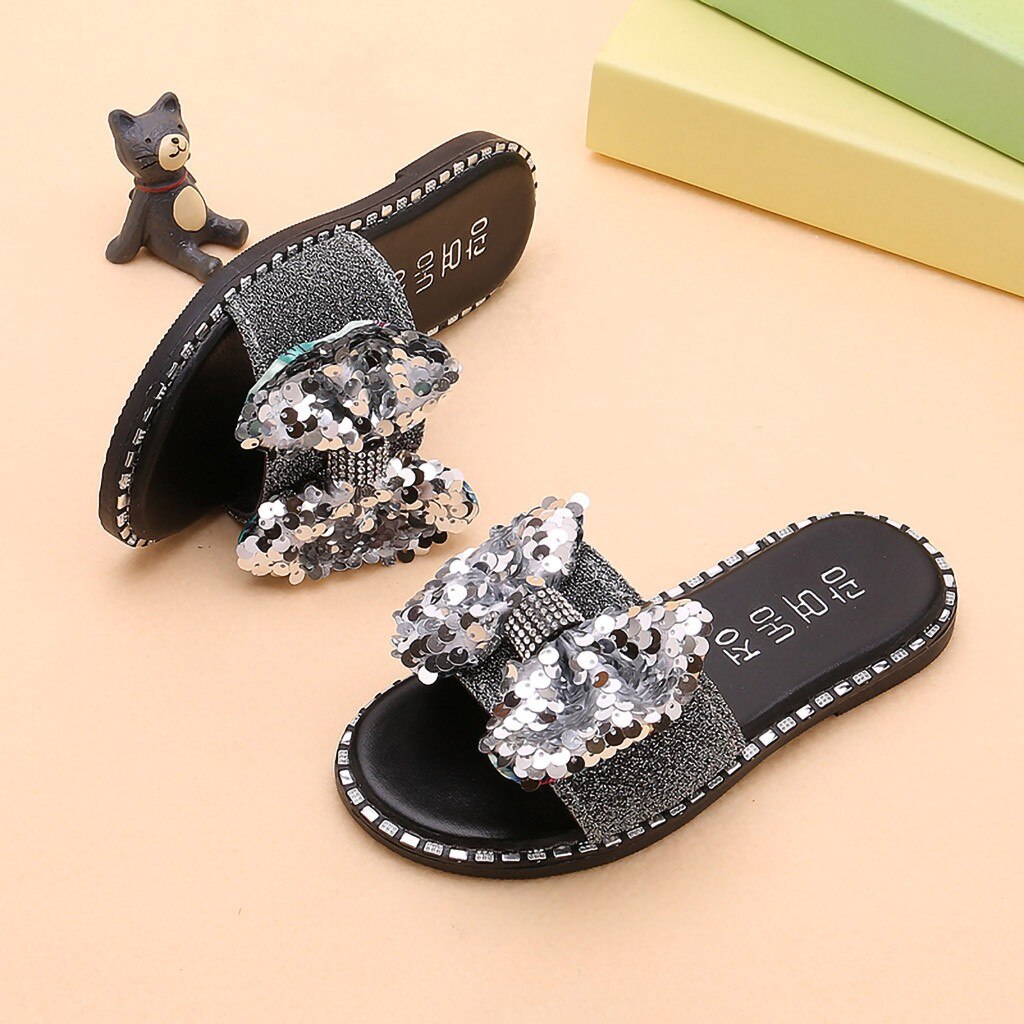 Girls Rhinestone Bow-knot Summer Slipper Children Kids Baby Girls Bling Sequins Crystal Princess Slipper Shoes pantuflas