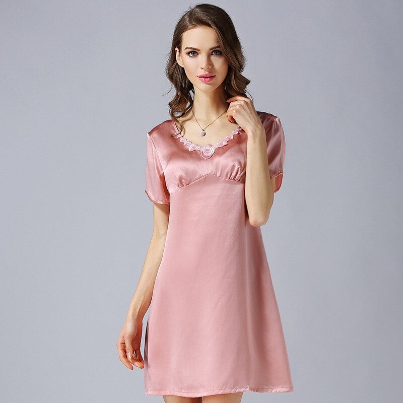 Vrouwen Lente En Herfst Zijden Pyjama 100% Natuurlijke Moerbei Zijde Korte Mouwen Nachthemd Nobele Zijde Thuis Kleding Pyjama: Pink / Xl