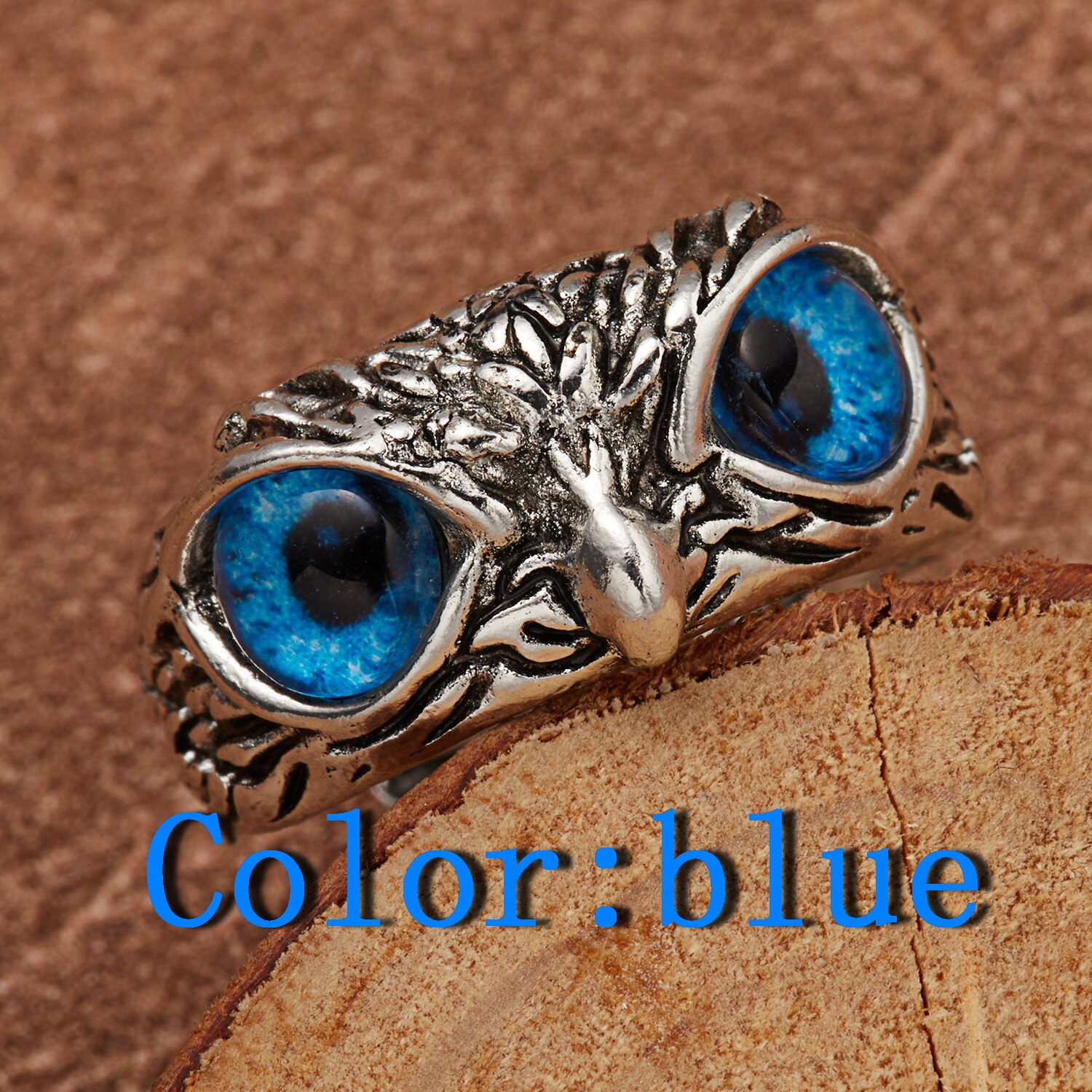 Anillo de búho Retro Para hombre y mujer, accesorio ajustable, de Color plateado antiguo, animales, joyería de ojos azules,: Blue