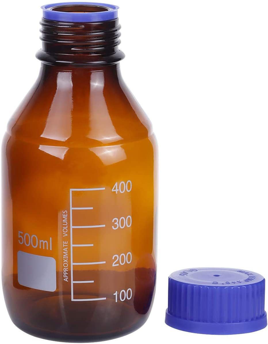 4Pack Amber Brown Glass Graduated Acid Reagent Bottle autoclavable with Blue Cap GL45 (500ml)