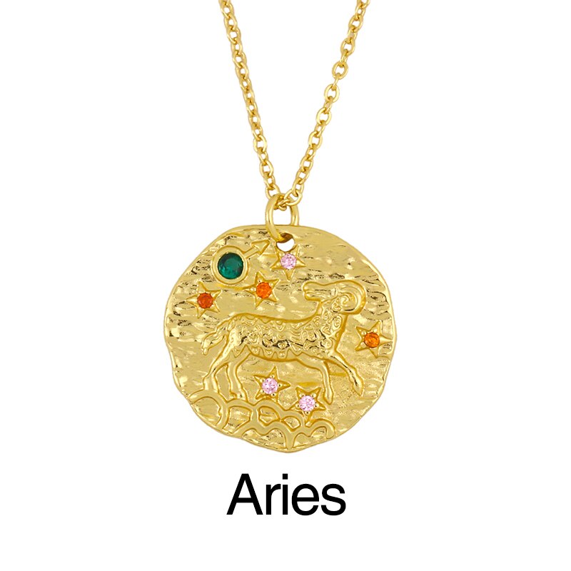 FLOLA Oro Catena Costellazione Zodiacale Collana Per Le Donne di Cristallo 12 Segno Zodiacale Collana Pendenti Con Gemme E Perle CZ Gioelleria Raffinata E Alla Moda del Regalo nker03: Aries