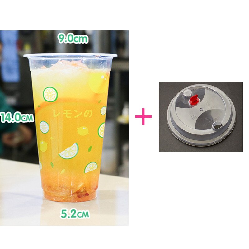 50pcs 90 caliber 500ml transparent cold drink cup fruit lemon peach pattern disposable juice plastic cups with lid: cup and lid5