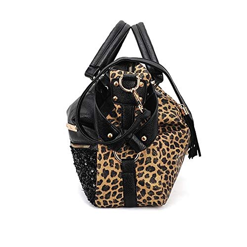 Frauen Leopard Print Schwarz Geldbörse Handtasche Hobo Glitter Pailletten PU Leder Schulter Tasche