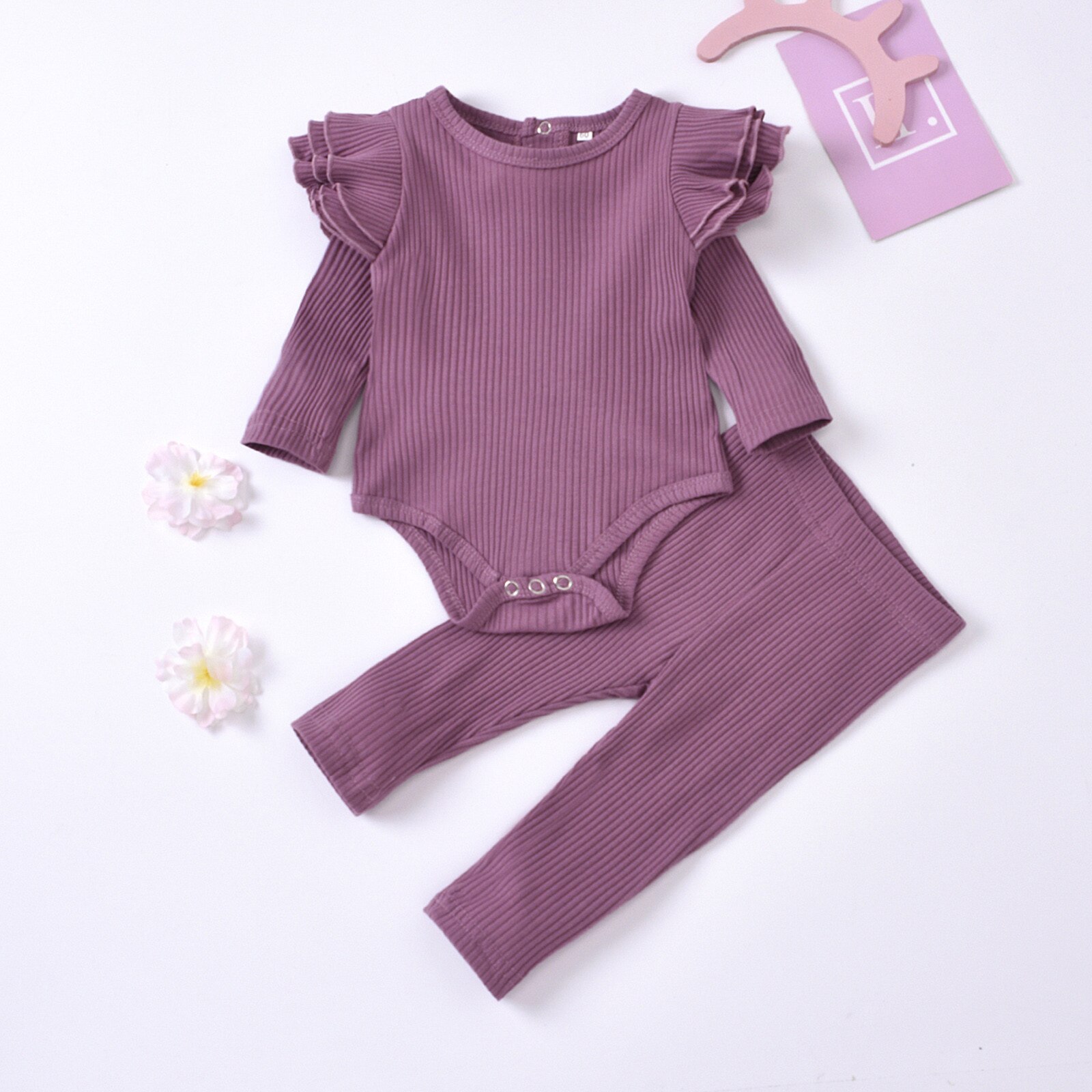 -né solide à volants ensemble de vêtements bébé garçons filles solide tricoté barboteuse hauts + pantalons ensembles tenues infantile enfants doux vêtements costume
