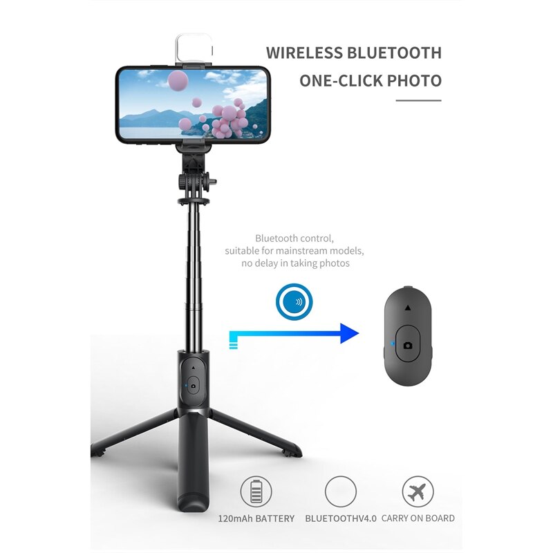 - kabelloser bluetooth-selfie-stick, multifunktionaler handyhalter, mini-stativ, faltbar, mit fülllicht