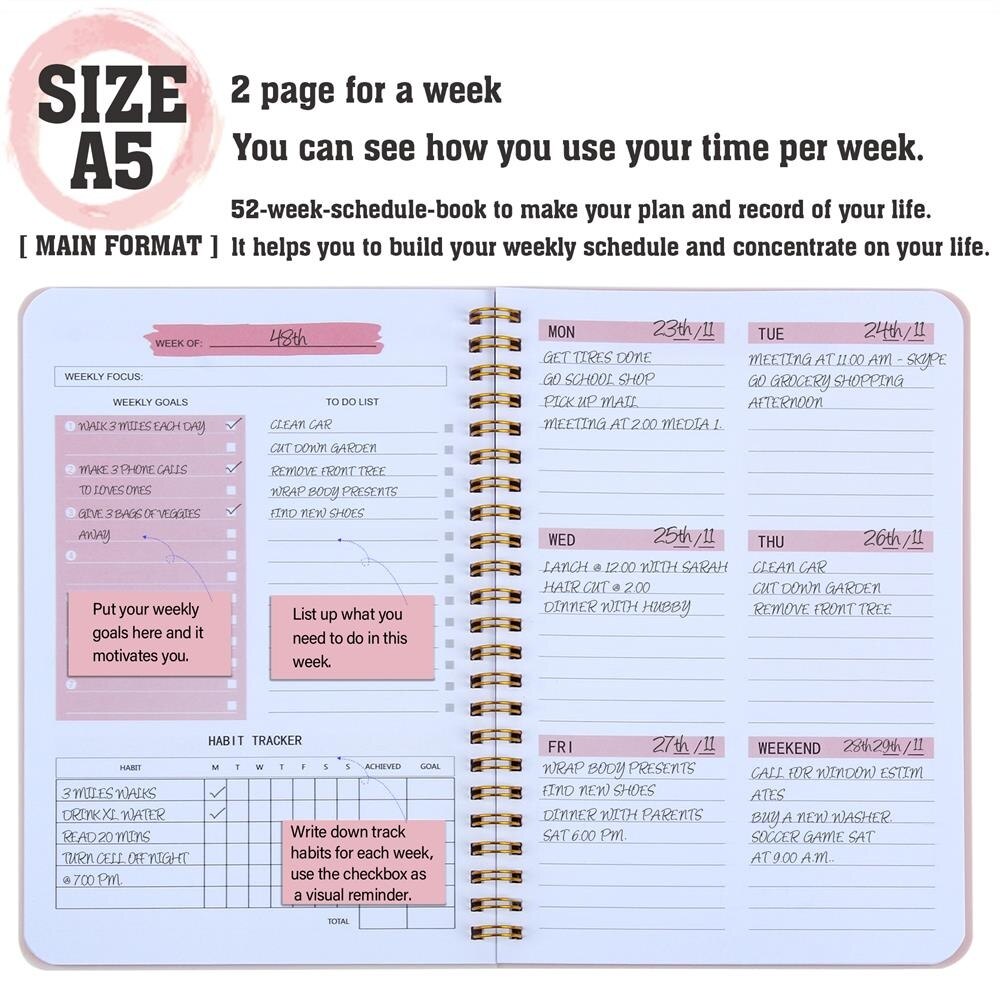 Daily Weekly Planner Undated Agenda Notebook with Habit Tracker, Goals, To Do List Spiral Binding PVC Cover