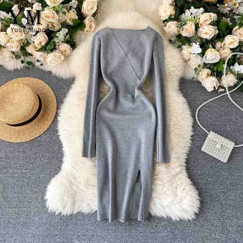 Yuoomuoo Gebreide Jurk Vrouwen Herfst Winter Eenvoudige V-hals Split Bodycon Jurk Elegante Knielange Werk Jurk Dames Jurk Vestido: Grijs
