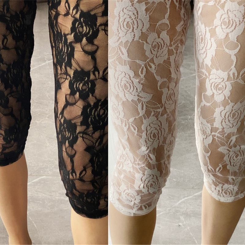 Dames shorts met hoge taille, bloemenkant, doorschijnend, cropped broek, uitgehold, doorschijnend, dunne capri legging, onderbroek