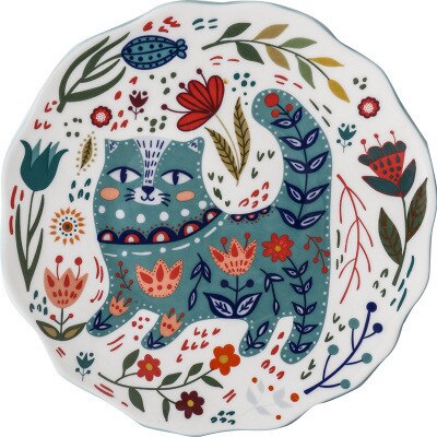 Colorful Cat Dinner Plate Under-glazed Ceramic Dinner Dishes Dessert Tray Flower Kitten Dinnerware Microwave Safe Dessert Plate: Ceramic plate 03