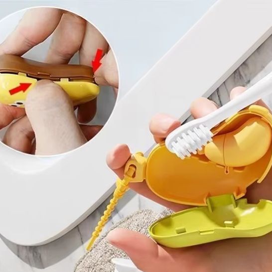 Bonita cubierta protectora para cabezal de cepillo de dientes en forma de plátano con compartimento para pasta de dientes, caja de almacenamiento portátil con abrazadera para polvo de viaje