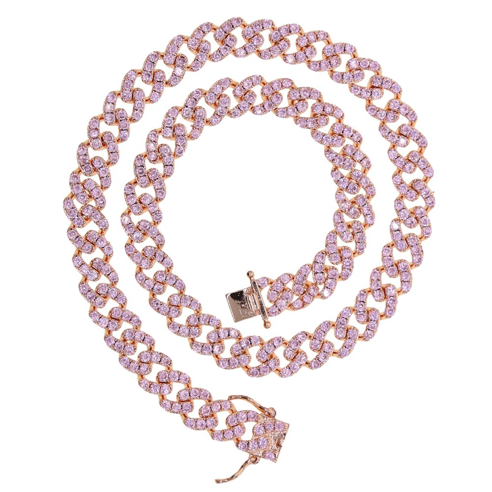 9mm iced out bling cz Miami cuban link chain Two tone With White &Pink cz choker necklace silver color women jewelry: Rose Pink / 41cm