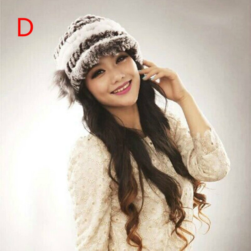 Kaninpels strikket hue vinter kvinders tyk varm andetunge uldhat: D