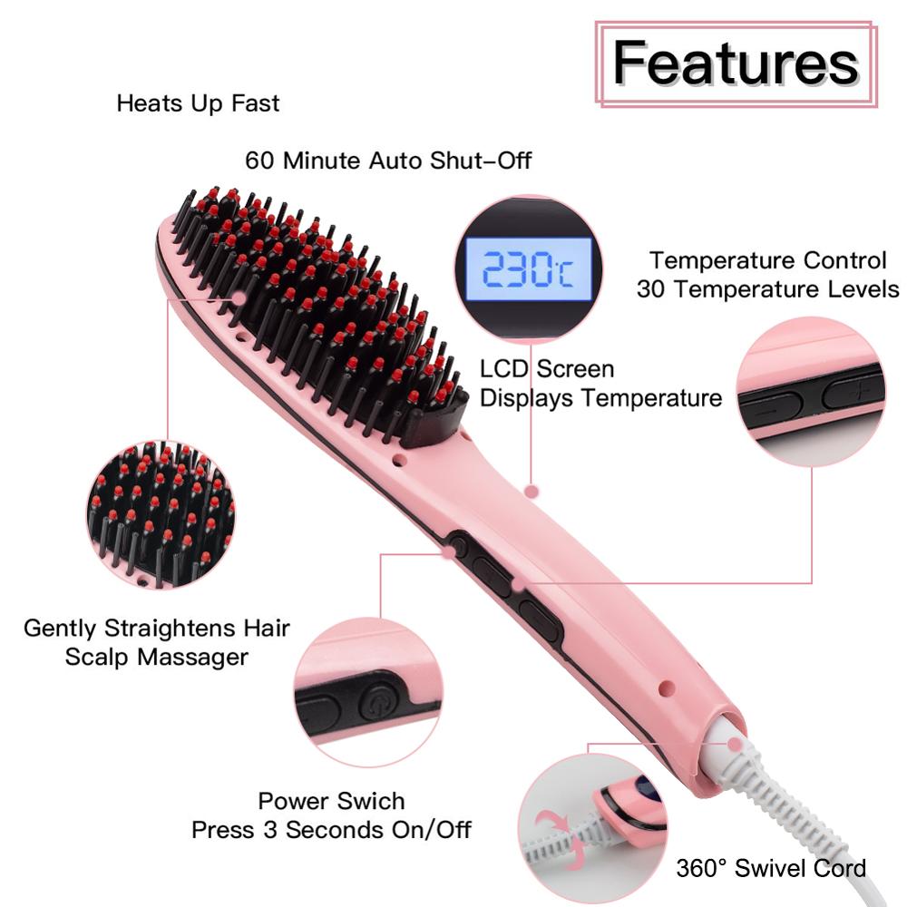 Cepillo eléctrico de vapor con pantalla LED para mujer, peine de cerámica para cabello, alisador de pelo cepillo iónico