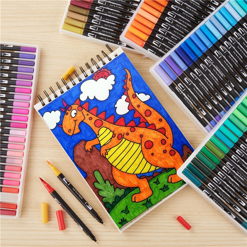 100 farger dobbel spiss kunst tusj penner akvarell tusjer penn tegning fine liner maleri pensel skoleutstyr 04350