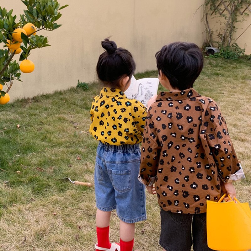 Lente Koreaanse Stijl Unisex Kids Luipaard Shirts 2-7 Jaar Jongens En Meisjes Katoen Casual Lange Mouw tops Kleding