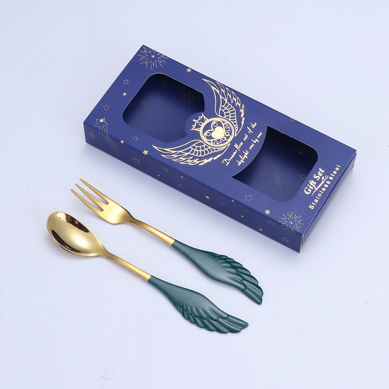 2 Pieces Dessert Spoon Fork 304 Stainless Steel Angel Wing Coffee Spoon Dessert Spoon Fruit Fork With Box: 08