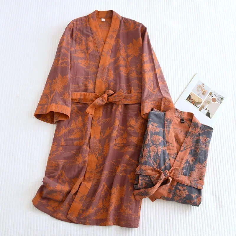 Damen-Bademantel aus bedruckter Baumwolle, Schließfach sitzender Bademantel, japanischer Stil, zum Binden, Kimono-Bademantel, schweißdampfende Baumwollpyjamas, Roben für Damen