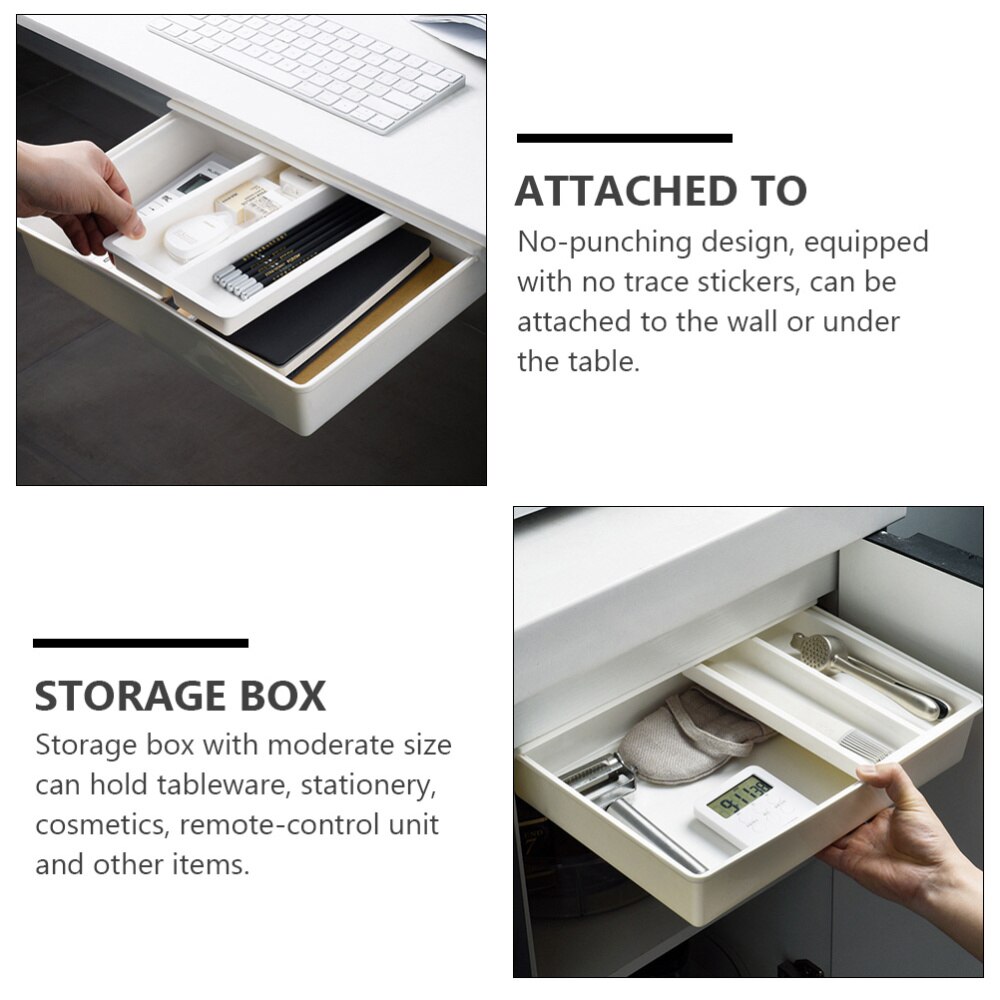 1 Pc Under Desk Drawer Office Storage Box Self Stick Table Desk Storage Box (White)