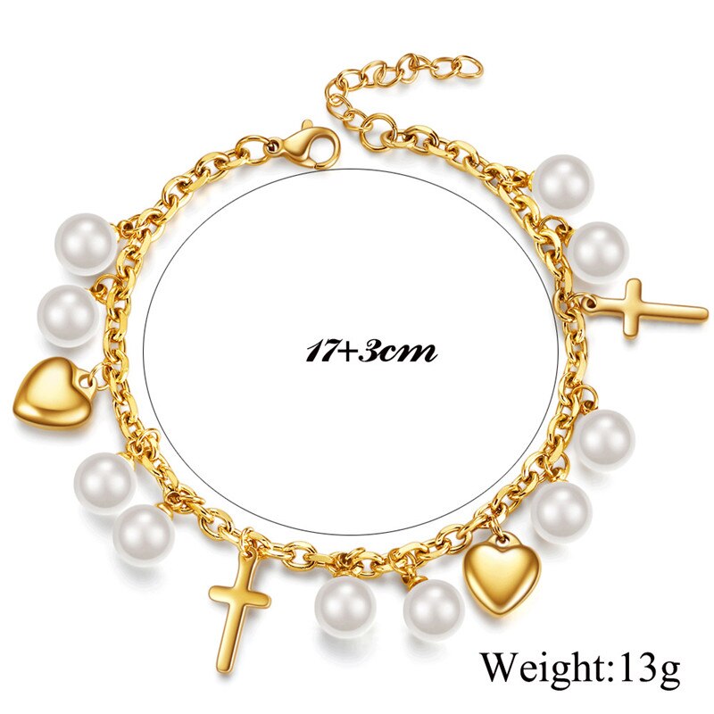 Modyle Black Silver Color Stainless Steel Heart Cross Wedding Bracelet for Woman Round Simulated Pearl Jewelry