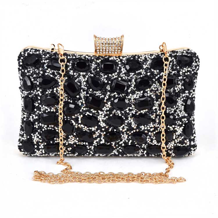 Mode Goedkope Glans Steen Avondtasje Bruiloft Soiree Bridal Zilver Zwart Clutch Purse Met Ketting Handtassen Vrouwelijke Pochette Packet: black