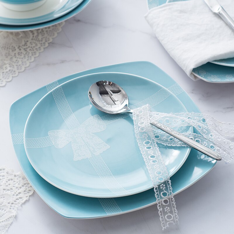 Blau spitze bogen-knoten Rosette Knochen China flache platte tiefe schüssel platte Weiß porzellan Hochzeit Geburtstag Präsentieren