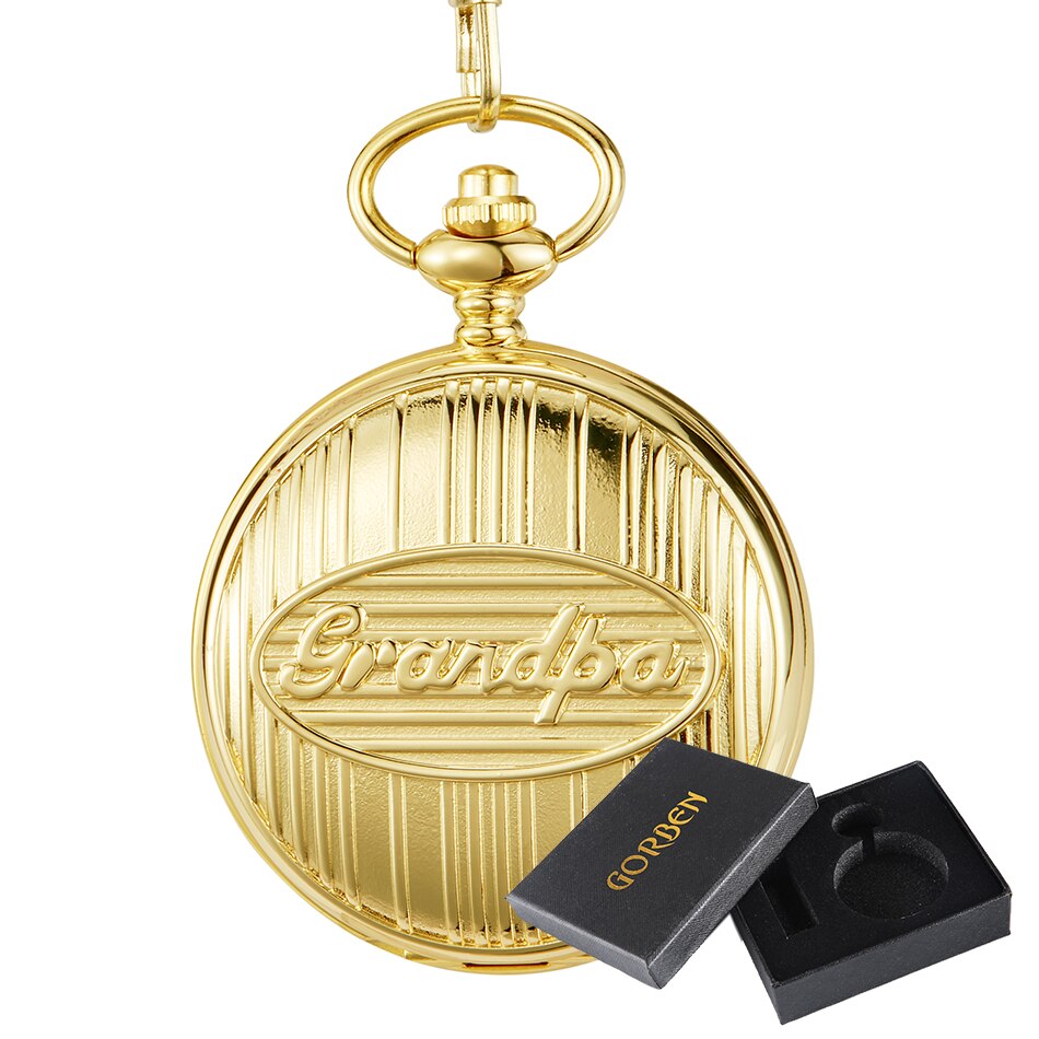 Opa gegraveerd quartz zakhorloge lichtgevend vintage zilveren gouden fob ketting heren opa's beste klok relogio de bolso: Goud met doosje